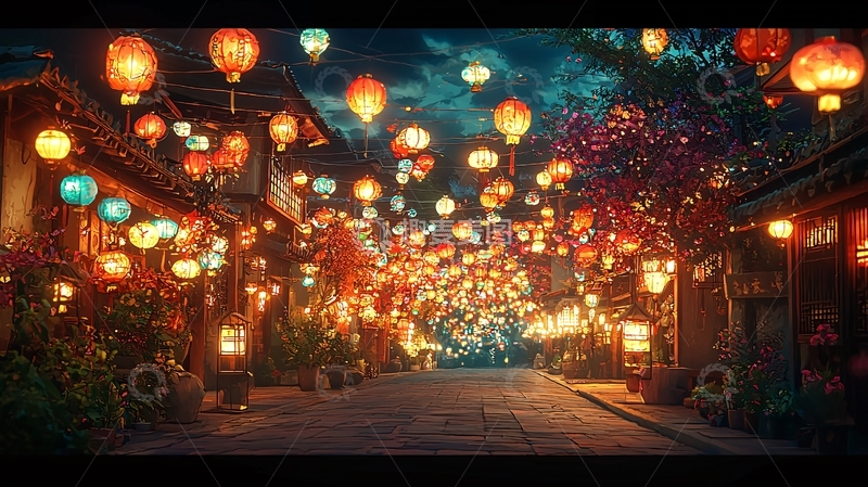 高清大图下载【趣麦麦图】夜晚街景灯笼