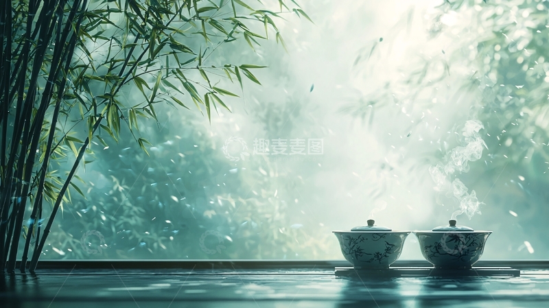 高清大图下载【趣麦麦图】窗边茶具竹林景色