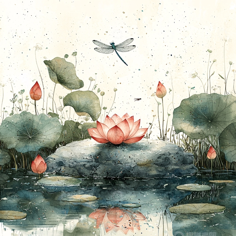 高清大图下载【趣麦麦图】水彩荷花蜻蜓小清新风格