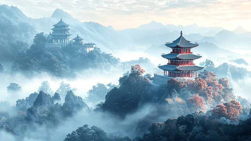 高清大图下载【趣麦麦图】仙境山峦古塔水墨画