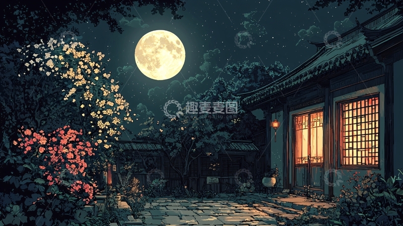高清大图下载【趣麦麦图】宁静夜空下的中式庭院