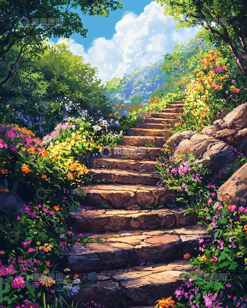 高清大图下载【趣麦麦图】鲜花环绕的石阶