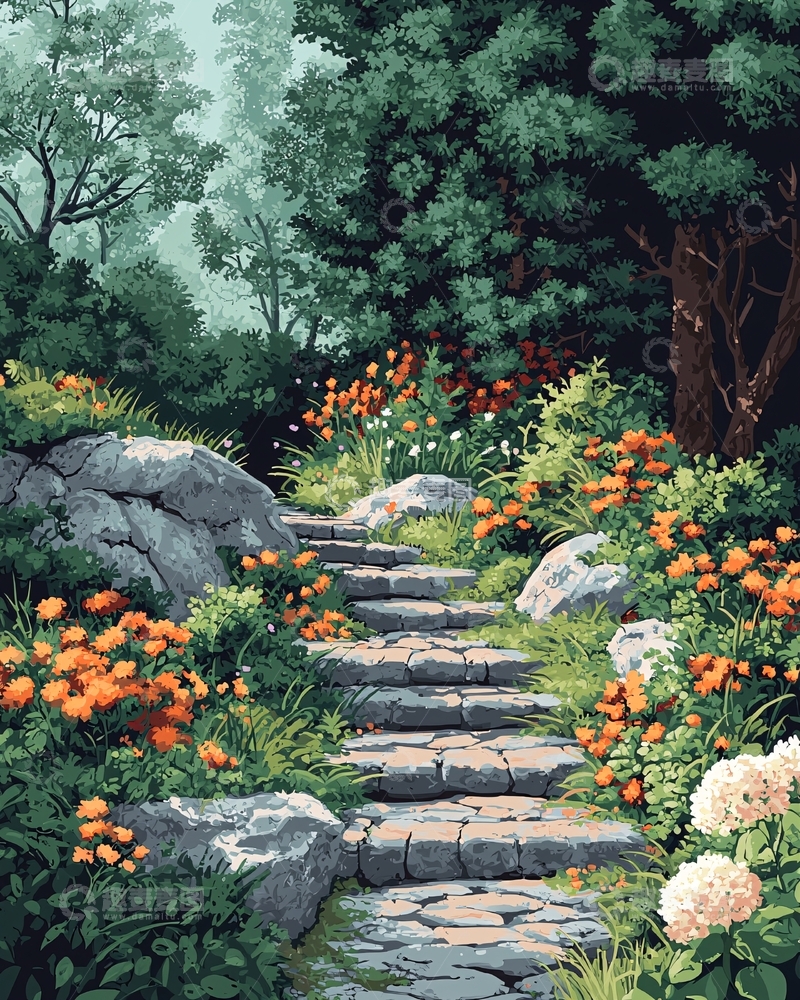 高清大图下载【趣麦麦图】石头小路鲜花盛开