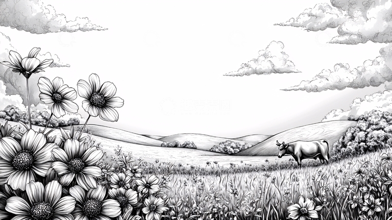 高清大图下载【趣麦麦图】黑白田园风景画