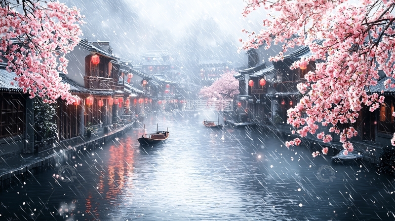 高清大图下载【趣麦麦图】雪中樱花古镇