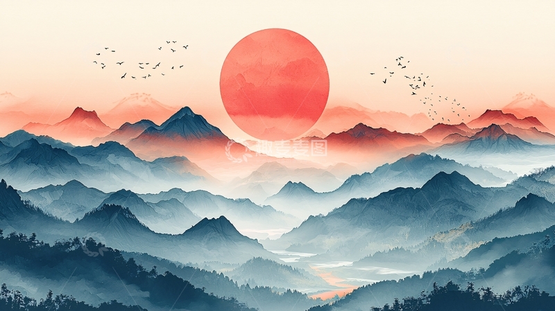 高清大图下载【趣麦麦图】日出山峦水墨画
