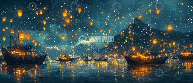 高清大图下载【趣麦麦图】梦幻般的天灯夜景