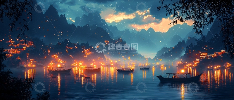高清大图下载【趣麦麦图】夜景湖泊小镇