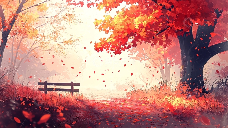 高清大图下载【趣麦麦图】秋日暖阳下的红叶小路