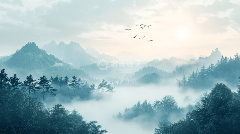 高清大图下载【趣麦麦图】轻雾笼罩下的山峦与森林