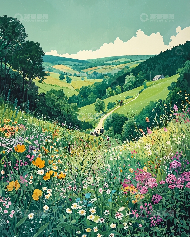 高清大图下载【趣麦麦图】山谷野花盛开的田园风光