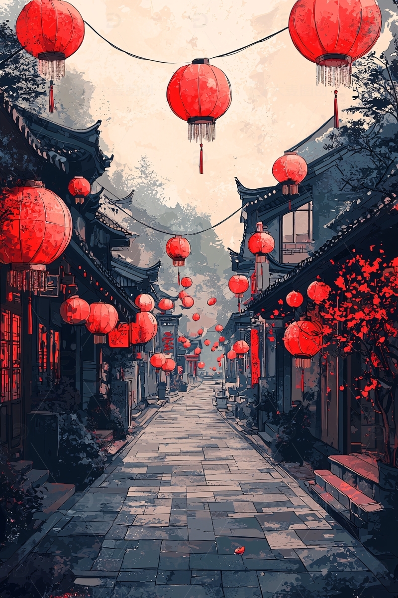 高清大图下载【趣麦麦图】中国古镇街道挂满红灯笼