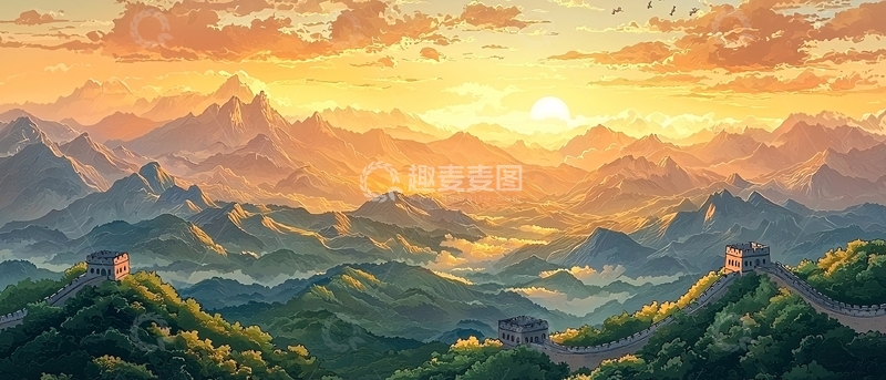 高清大图下载【趣麦麦图】长城日出山峦景色