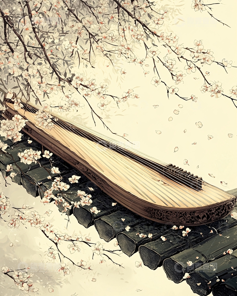 高清大图下载【趣麦麦图】古筝樱花古风意境