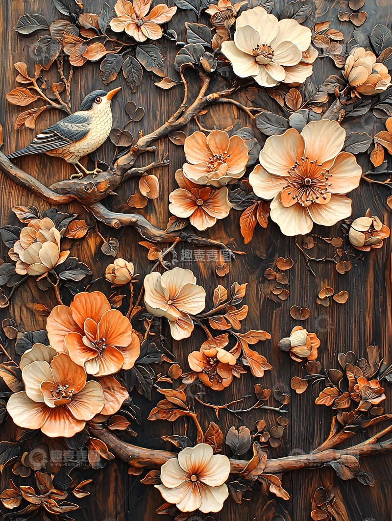 高清大图下载【趣麦麦图】木雕花鸟