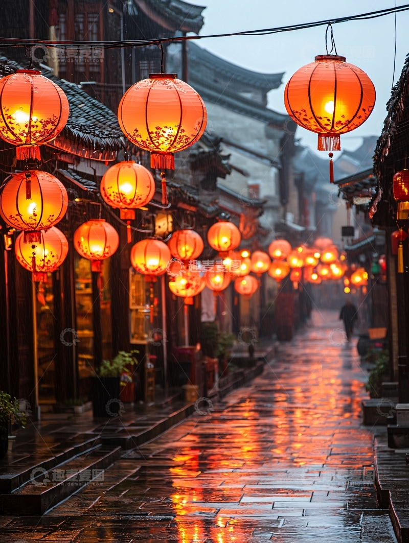 高清大图下载【趣麦麦图】雨夜古镇红灯笼