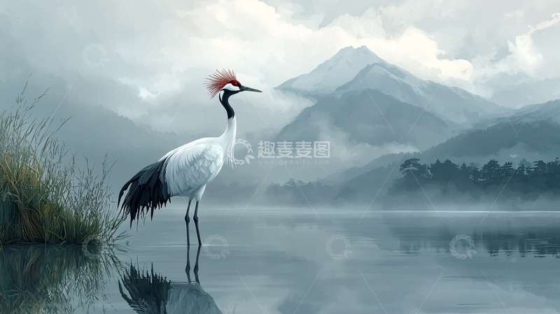 高清大图下载【趣麦麦图】丹顶鹤湖边风景