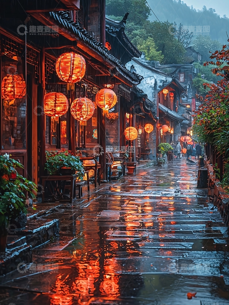 高清大图下载【趣麦麦图】雨中古镇红灯笼
