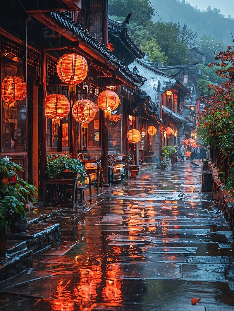 高清大图下载【趣麦麦图】雨中古镇红灯笼