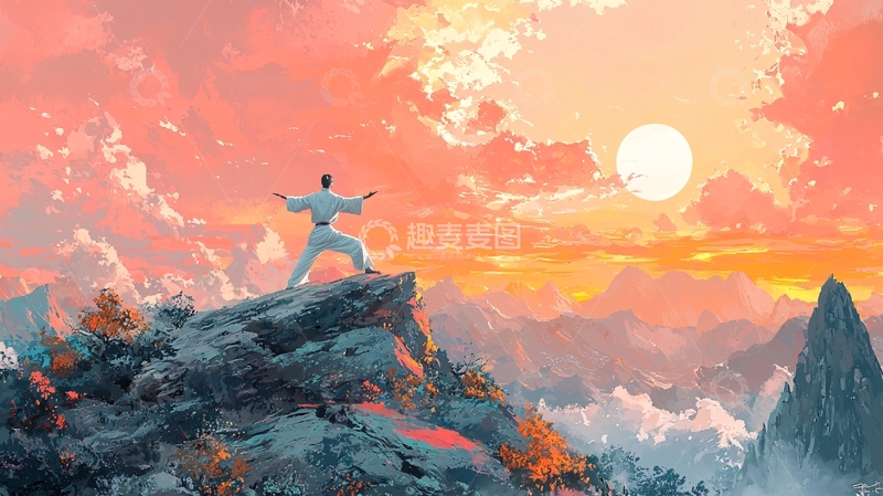 高清大图下载【趣麦麦图】日出山峰练武