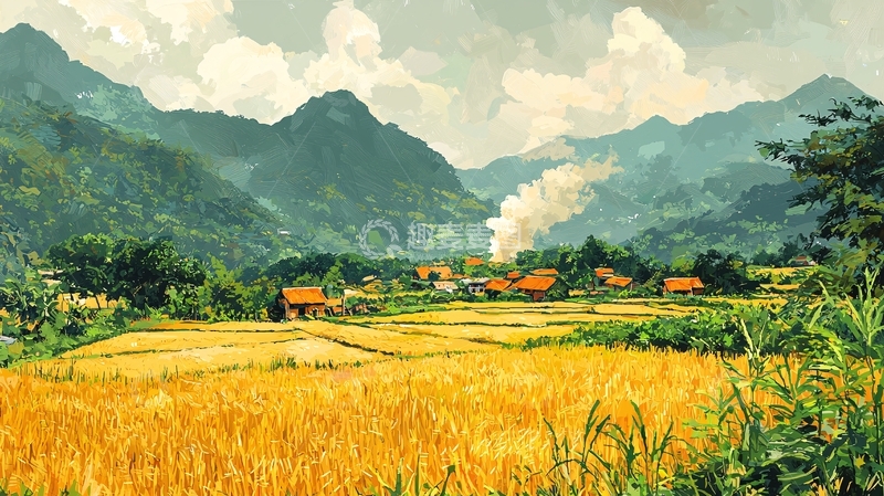 高清大图下载【趣麦麦图】金色稻田山村风景