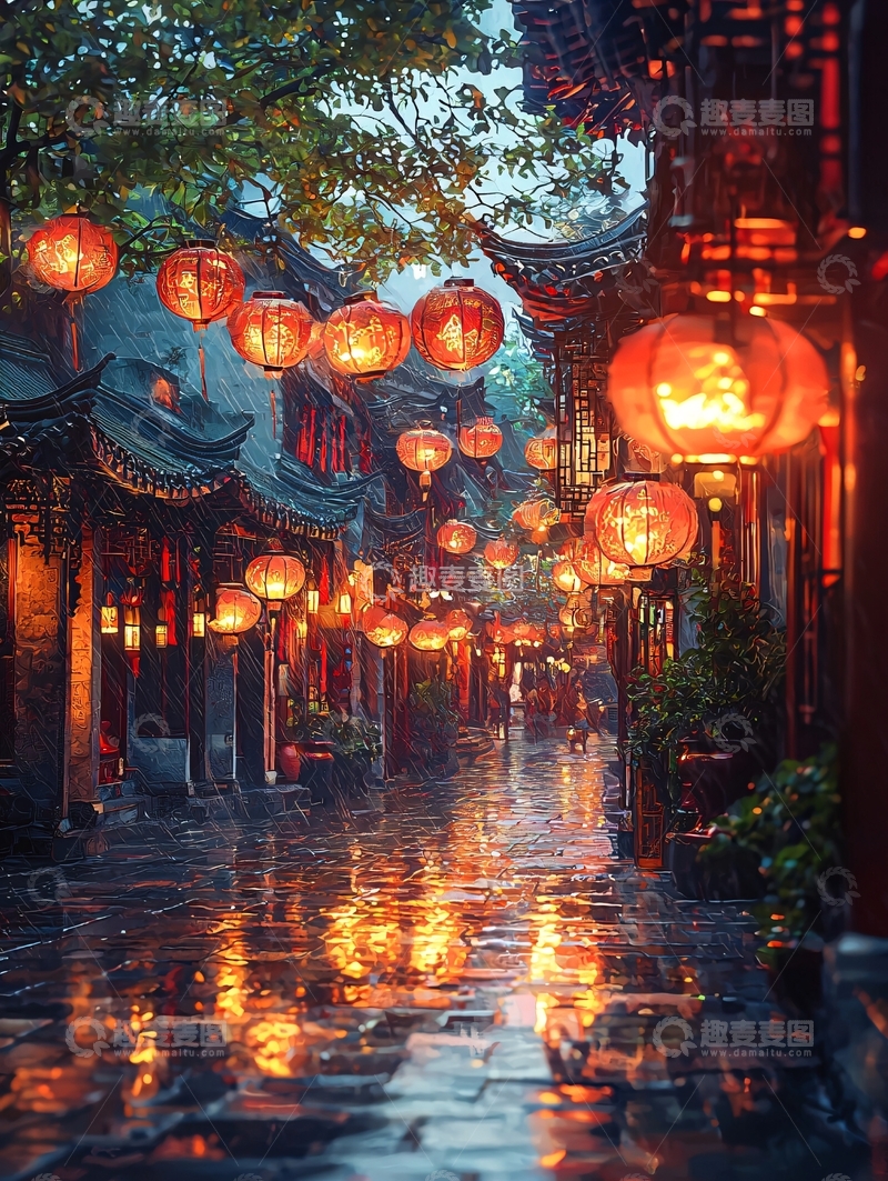 高清大图下载【趣麦麦图】雨夜古镇红灯笼