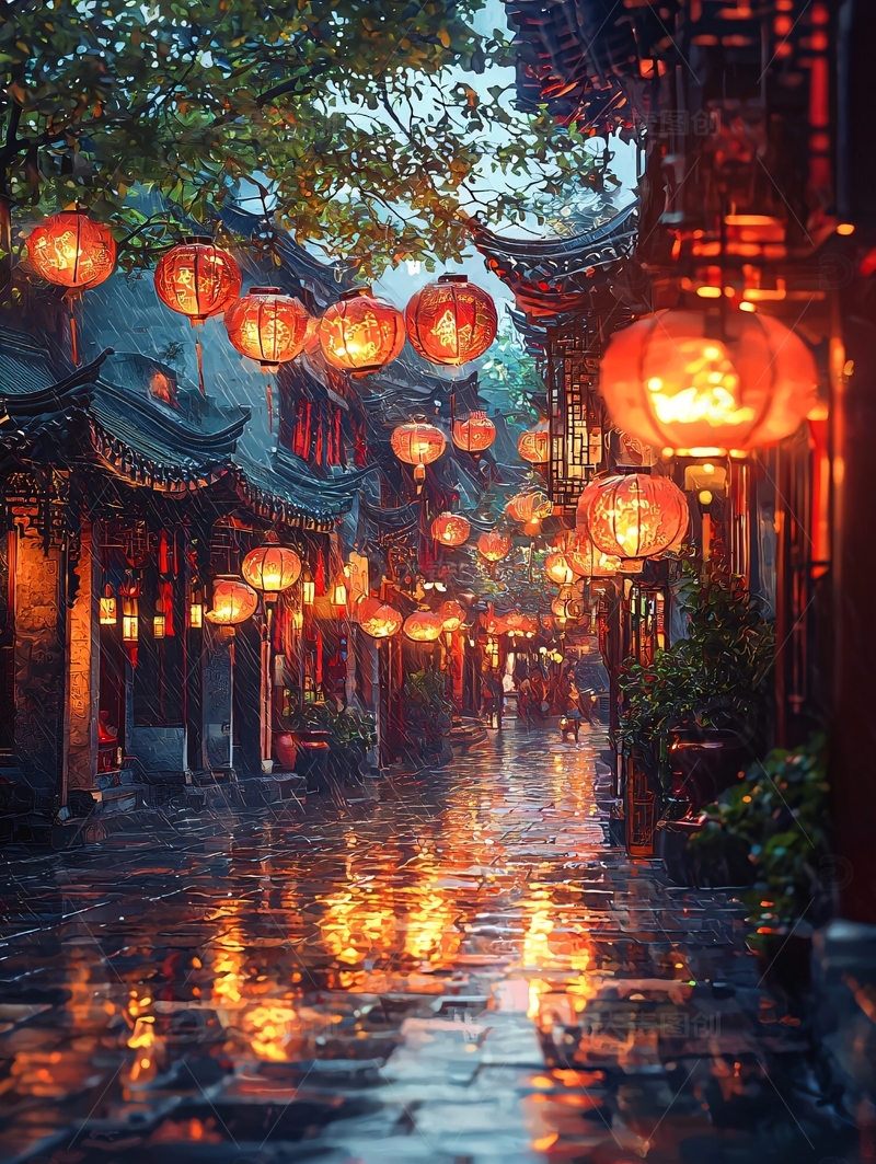 高清大图下载【趣麦麦图】雨夜古镇红灯笼