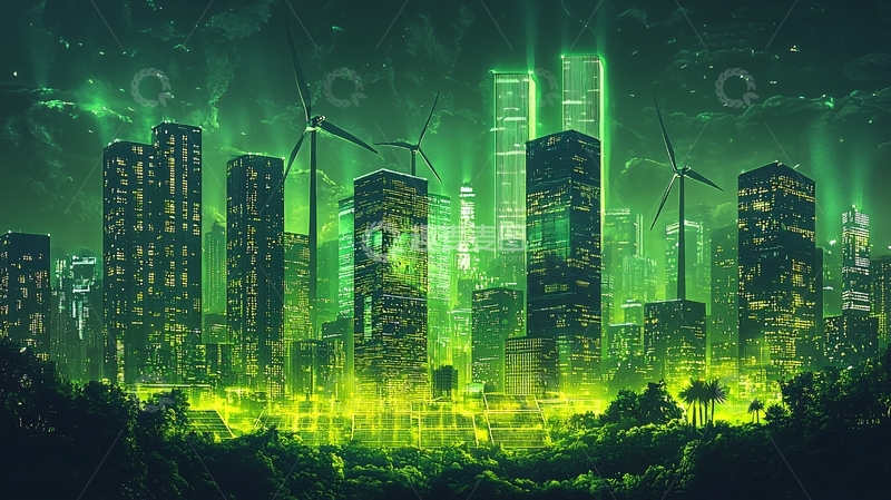 高清大图下载【趣麦麦图】绿光笼罩的未来都市夜景