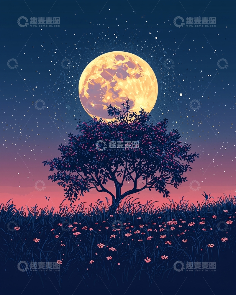 高清大图下载【趣麦麦图】星空下的树和月亮