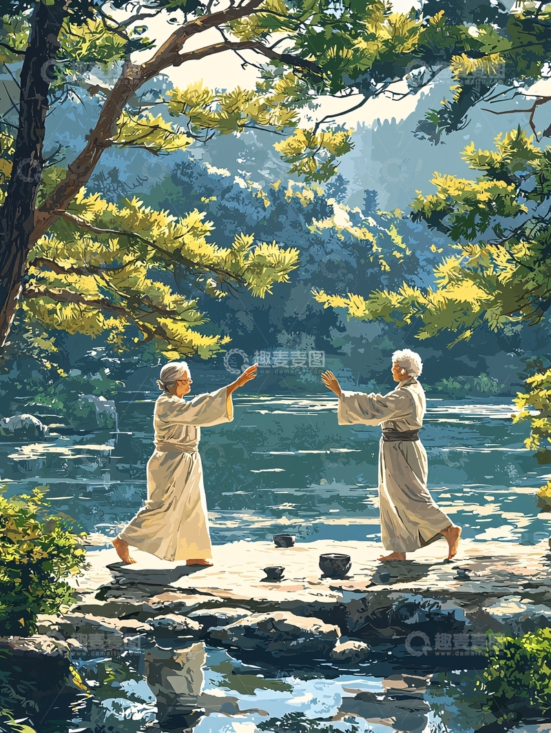 高清大图下载【趣麦麦图】湖边练功的两位老者