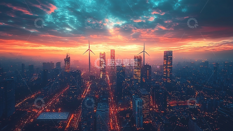 高清大图下载【趣麦麦图】城市风力发电厂日落