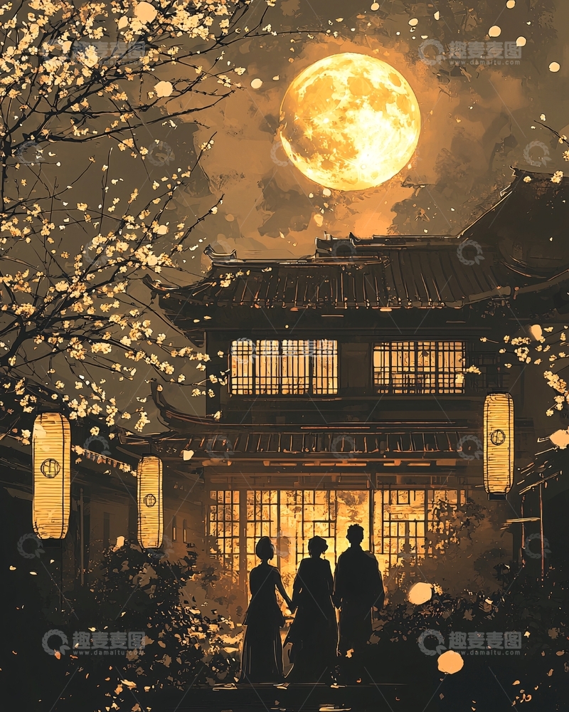 高清大图下载【趣麦麦图】月下古宅一家三口