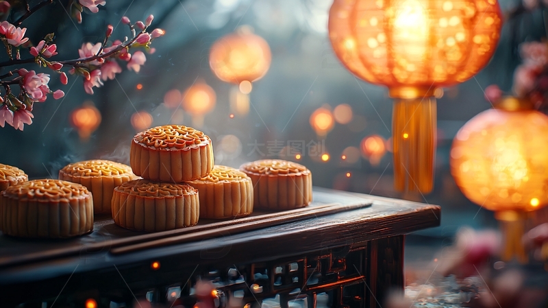 高清大图下载【趣麦麦图】中秋节月饼和灯笼的唯美画面