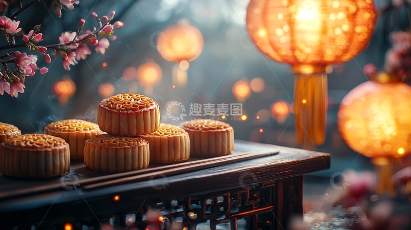 高清大图下载【趣麦麦图】中秋节月饼和灯笼的唯美画面