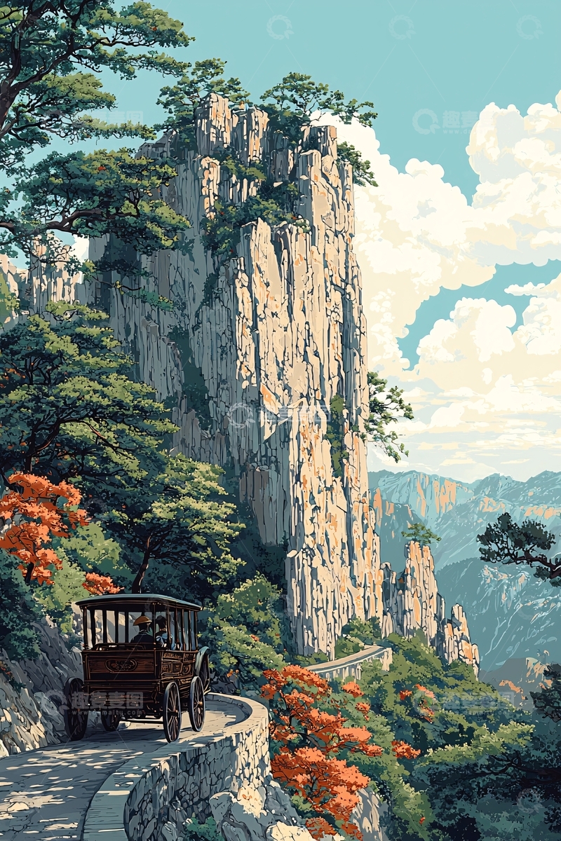 高清大图下载【趣麦麦图】山路古车风景画