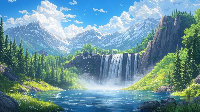 高清大图下载【趣麦麦图】山清水秀瀑布风景画