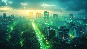 绿光笼罩的城市夜景