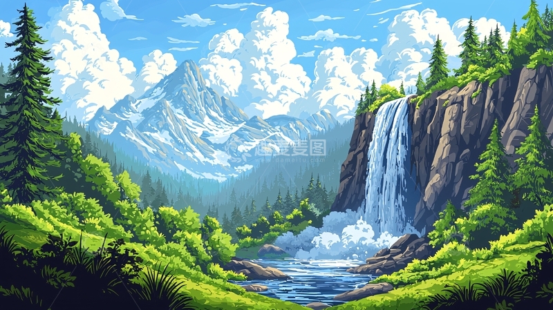 高清大图下载【趣麦麦图】山峦瀑布森林景色