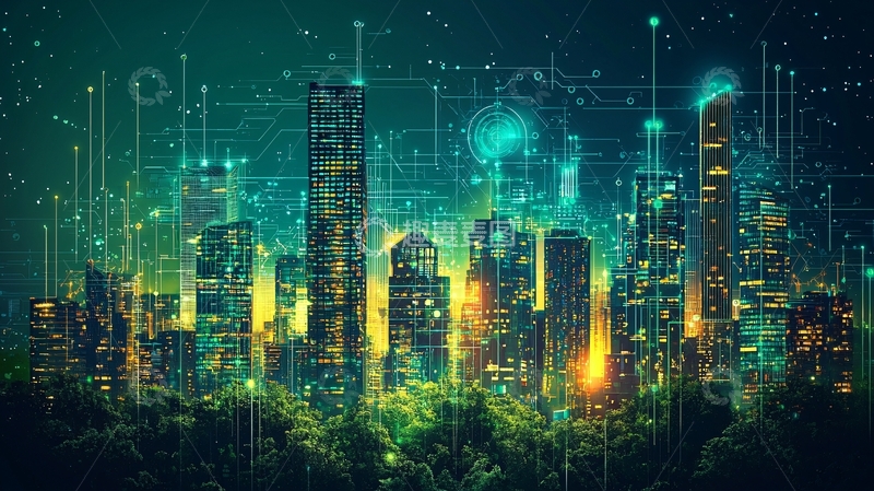 高清大图下载【趣麦麦图】夜幕下的绿色科技城市