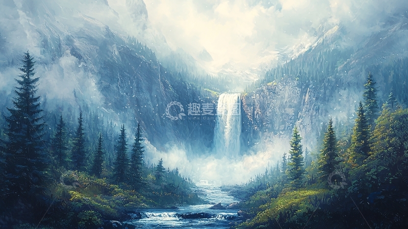 高清大图下载【趣麦麦图】雾气弥漫的山谷瀑布