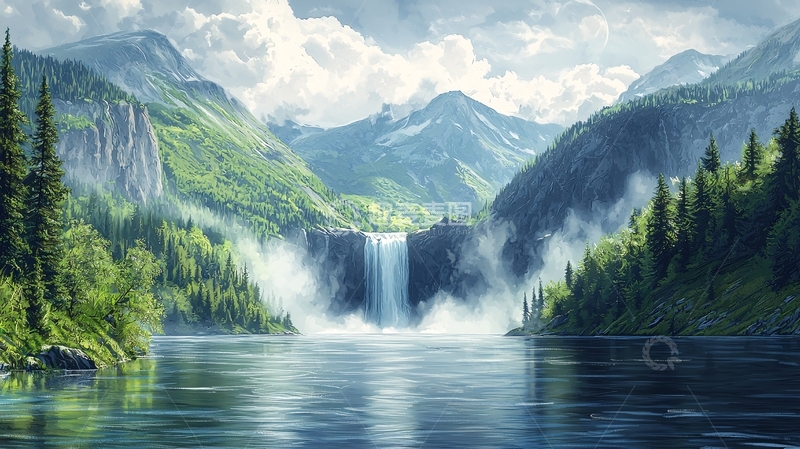 高清大图下载【趣麦麦图】山间瀑布湖泊风景