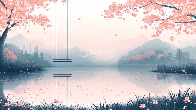 高清大图下载【趣麦麦图】唯美樱花湖畔秋千