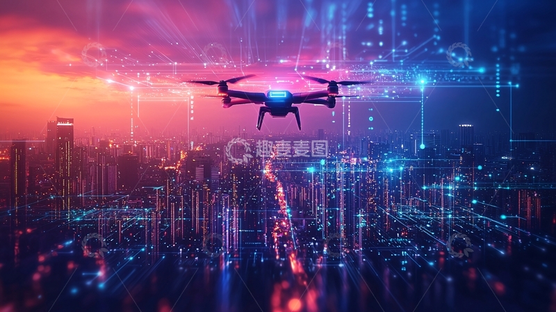 高清大图下载【趣麦麦图】无人机飞跃数字城市