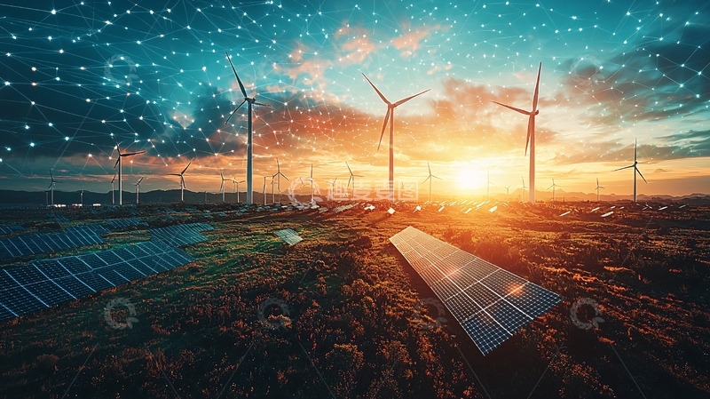 高清大图下载【趣麦麦图】风力发电场日落风能太阳能