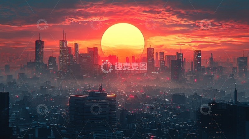 高清大图下载【趣麦麦图】红色夕阳下的未来都市
