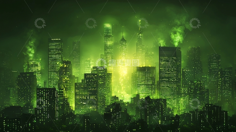 高清大图下载【趣麦麦图】绿光笼罩下的城市夜景