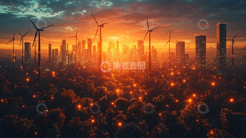 高清大图下载【趣麦麦图】未来都市日落风力发电