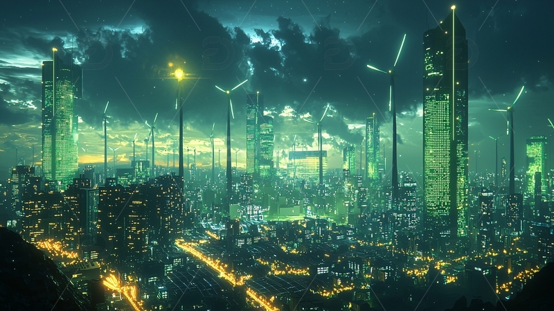 高清大图下载【趣麦麦图】绿光笼罩的未来都市夜景