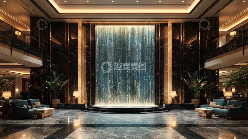 高清大图下载【趣麦麦图】奢华酒店大堂室内瀑布