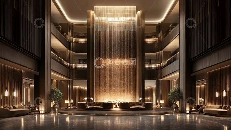 高清大图下载【趣麦麦图】奢华酒店大堂瀑布景观